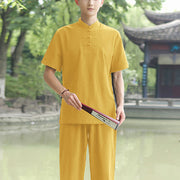 Foviel 2Pcs Men's Short Sleeve Shirt Top T-Shirt Pants Meditation Zen Tai Chi Cotton Linen Clothing Set
