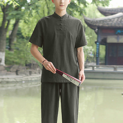 Buddha Stones 2Pcs Men's Short Sleeve Shirt Top T-Shirt Pants Meditation Zen Tai Chi Cotton Linen Clothing Set - Dark Green(Top Only) - US/UK/AU48，EU58 (6XL) - image 10