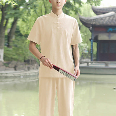 Buddha Stones 2Pcs Men's Short Sleeve Shirt Top T-Shirt Pants Meditation Zen Tai Chi Cotton Linen Clothing Set - Beige(Top&Pants) - US/UK/AU48，EU58 (6XL) - image 8
