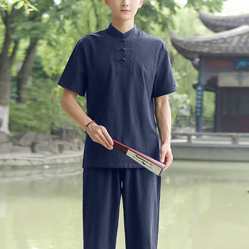 Buddha Stones 2Pcs Men's Short Sleeve Shirt Top T-Shirt Pants Meditation Zen Tai Chi Cotton Linen Clothing Set - Navy Blue(Top&Pants) - US/UK/AU48，EU58 (6XL) - image 2