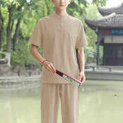 Foviel 2Pcs Men's Short Sleeve Shirt Top T-Shirt Pants Meditation Zen Tai Chi Cotton Linen Clothing Set