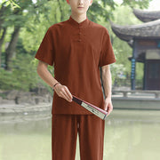 Foviel 2Pcs Men's Short Sleeve Shirt Top T-Shirt Pants Meditation Zen Tai Chi Cotton Linen Clothing Set