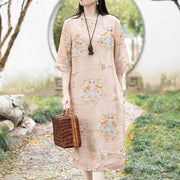 Foviel Orange Flower Bird Print Cheongsam Midi Dress Cotton Linen Half Sleeve Dress With Pockets