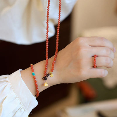 Ensemble Foviel composé d'un collier, d'un pendentif et d'une bague en argent sterling 925 plaqué or avec agate rouge naturelle et turquoise, bracelet de confiance