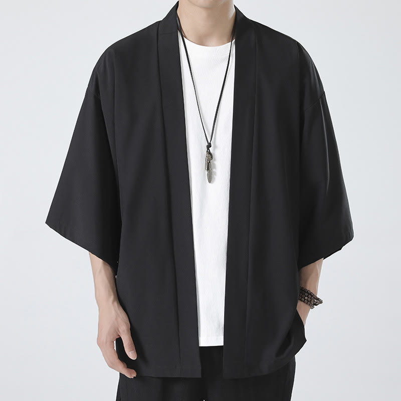 Buddha Stones Solid Color Open Front Jacket Men's Kimono - image 5
