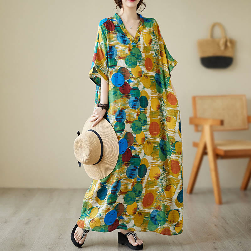 Buddha Stones Orange Blue Colorful Polka Dots Midi Dress Cotton Half Sleeve Dress With Pockets - image 5