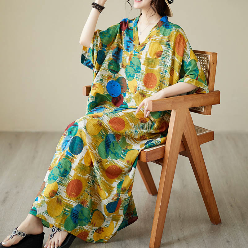 Buddha Stones Orange Blue Colorful Polka Dots Midi Dress Cotton Half Sleeve Dress With Pockets - image 6