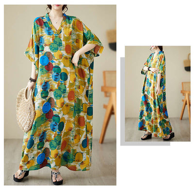 Buddha Stones Orange Blue Colorful Polka Dots Midi Dress Cotton Half Sleeve Dress With Pockets - image 7