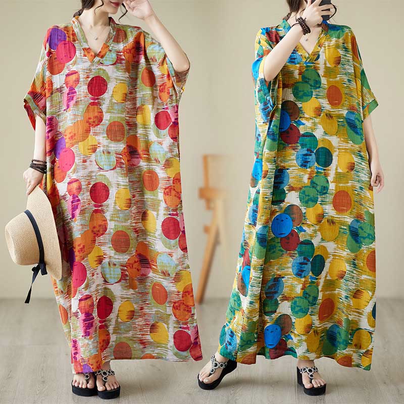Buddha Stones Orange Blue Colorful Polka Dots Midi Dress Cotton Half Sleeve Dress With Pockets - image 8