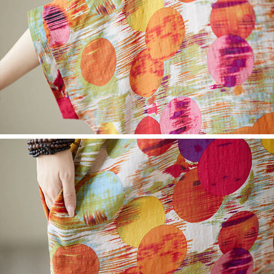 Buddha Stones Orange Blue Colorful Polka Dots Midi Dress Cotton Half Sleeve Dress With Pockets - image 16