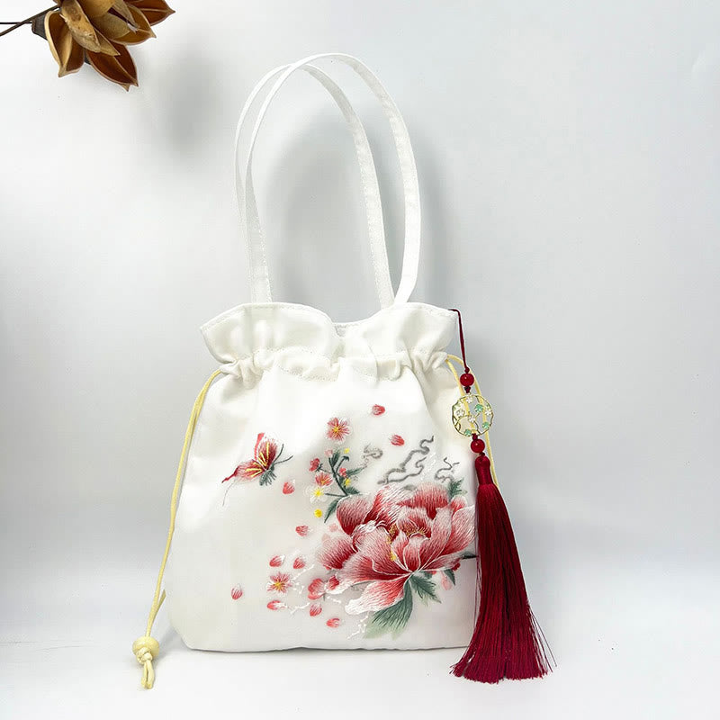 Buddha Stones Suzhou Embroidery Lotus Deer Epiphyllum Peony Rabbit Cotton Linen Tote Crossbody Bag Shoulder Bag Handbag - White Peony 21*22cm - image 15