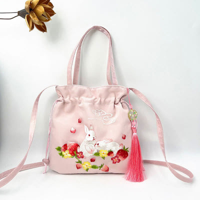 Buddha Stones Suzhou Embroidery Lotus Deer Epiphyllum Peony Rabbit Cotton Linen Tote Crossbody Bag Shoulder Bag Handbag - Pink Strawberry Rabbit 21*22cm - image 18