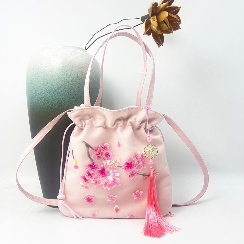Buddha Stones Suzhou Embroidery Lotus Deer Epiphyllum Peony Rabbit Cotton Linen Tote Crossbody Bag Shoulder Bag Handbag - Light Pink Cherry Blossoms 21*22cm - image 21