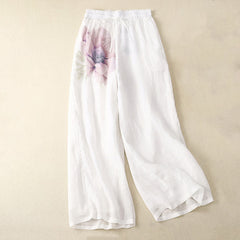 Buddha Stones Floral Print High Waist Cotton Linen Drawstring Wide Leg Pants With Pockets - White - US12，UK/AU16，EU44 (2XL) - image 0