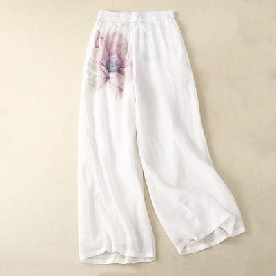 Buddha Stones Floral Print High Waist Cotton Linen Drawstring Wide Leg Pants With Pockets - White - US12，UK/AU16，EU44 (2XL) - image 0