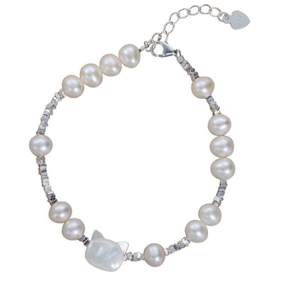Buddha Stones Pearl Cat Head Tridacna Stone Silver Healing Bracelet - image 4
