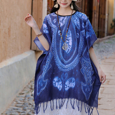 Buddha Stones Blue Geometry Batik Shawl Tassels Cozy Travel Pullover 90*95cm - image 3