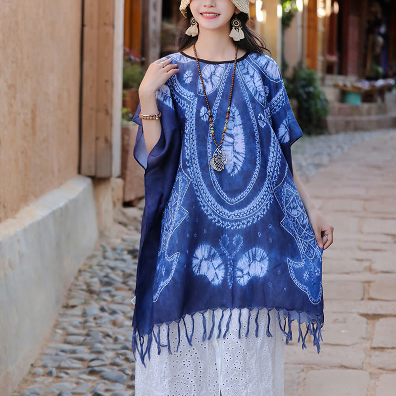 Buddha Stones Blue Geometry Batik Shawl Tassels Cozy Travel Pullover 90*95cm - image 7