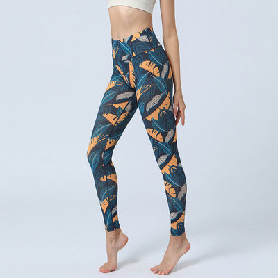 Legging de sport taille haute pour femme avec imprimé feuilles Foviel, pantalon de yoga