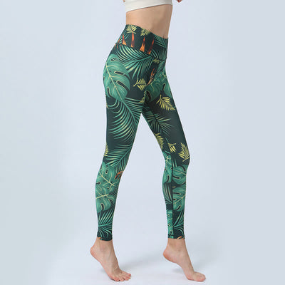 Legging de sport taille haute pour femme avec imprimé feuilles Foviel, pantalon de yoga