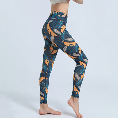 Legging de sport taille haute pour femme avec imprimé feuilles Foviel, pantalon de yoga