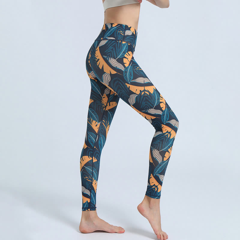 Legging de sport taille haute pour femme avec imprimé feuilles Foviel, pantalon de yoga