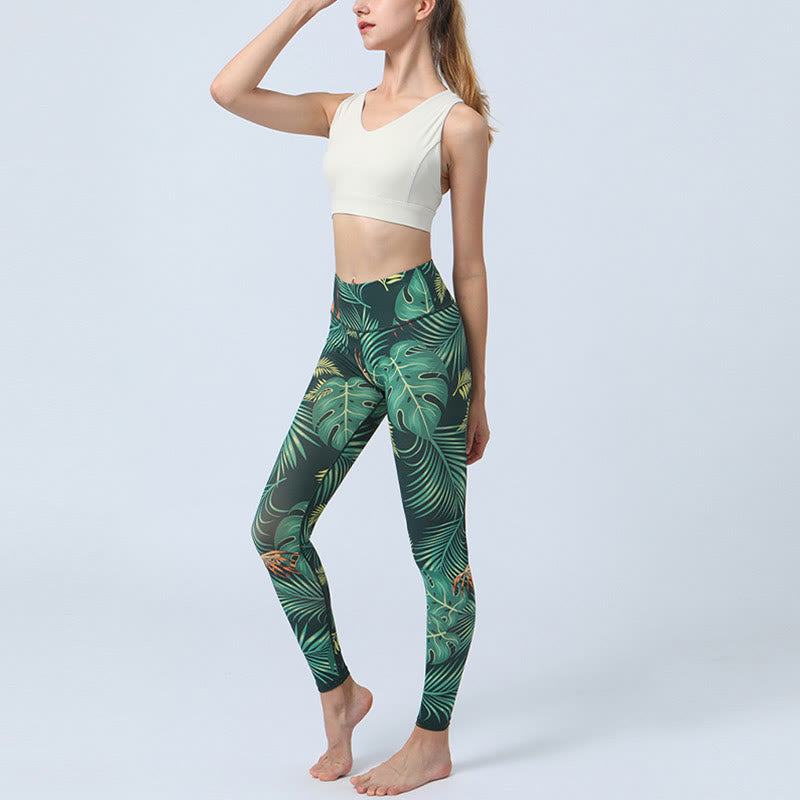 Legging de sport taille haute pour femme avec imprimé feuilles Foviel, pantalon de yoga