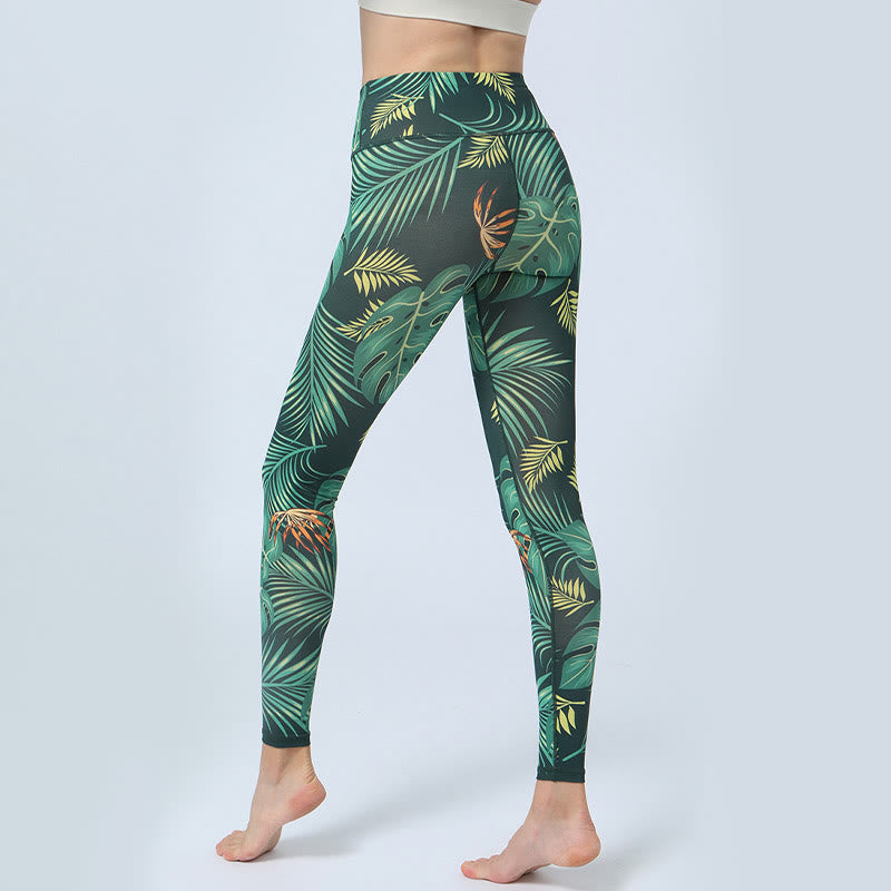 Foviel Leaves Print Sports Fitness Yoga High Waist Leggings Women's Yoga Pants