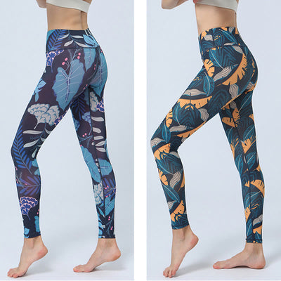 Legging de sport taille haute pour femme avec imprimé feuilles Foviel, pantalon de yoga