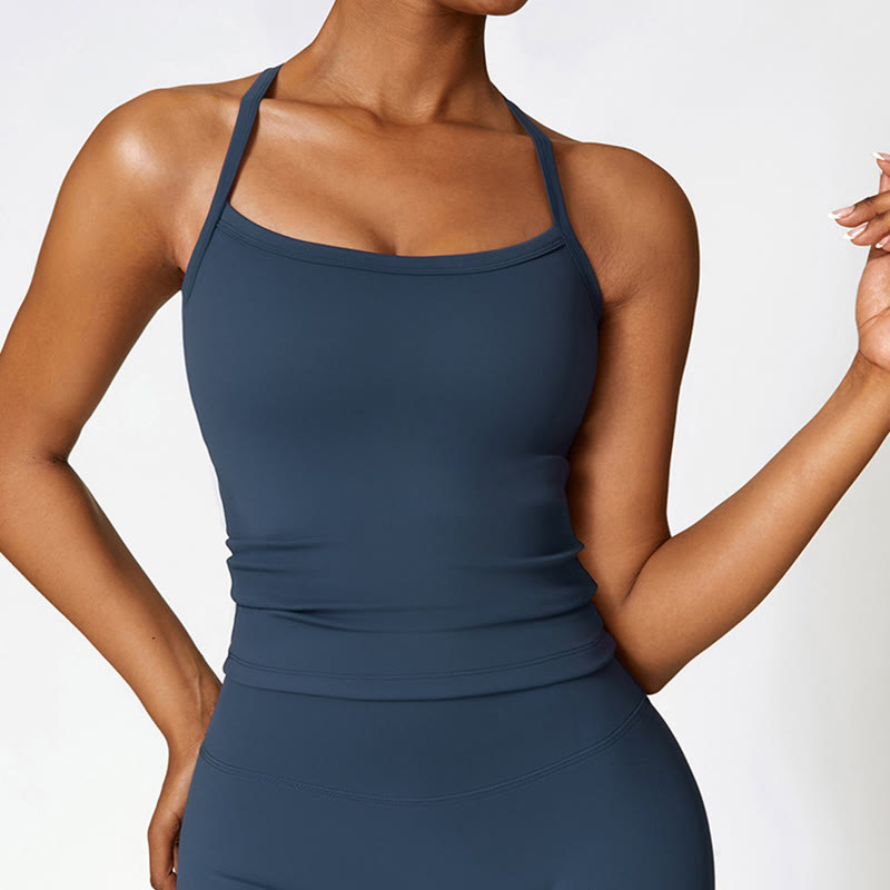 Buddha Stones Solid Color Crop Tank Top High Waist Shorts Sports Fitness Gym Yoga Outfits - Dark Blue - Top - US8-10，UK/AU12-14，EU40-42 (XL) - image 0