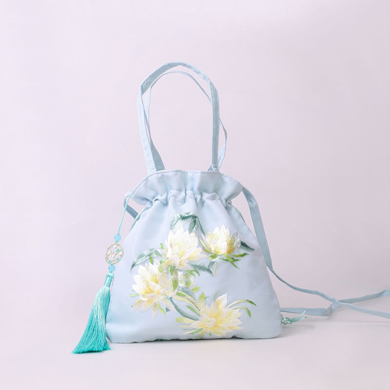 Buddha Stones Suzhou Embroidery Lotus Deer Epiphyllum Peony Rabbit Cotton Linen Tote Crossbody Bag Shoulder Bag Handbag - Light Blue Epiphyllum 21*22cm - image 0