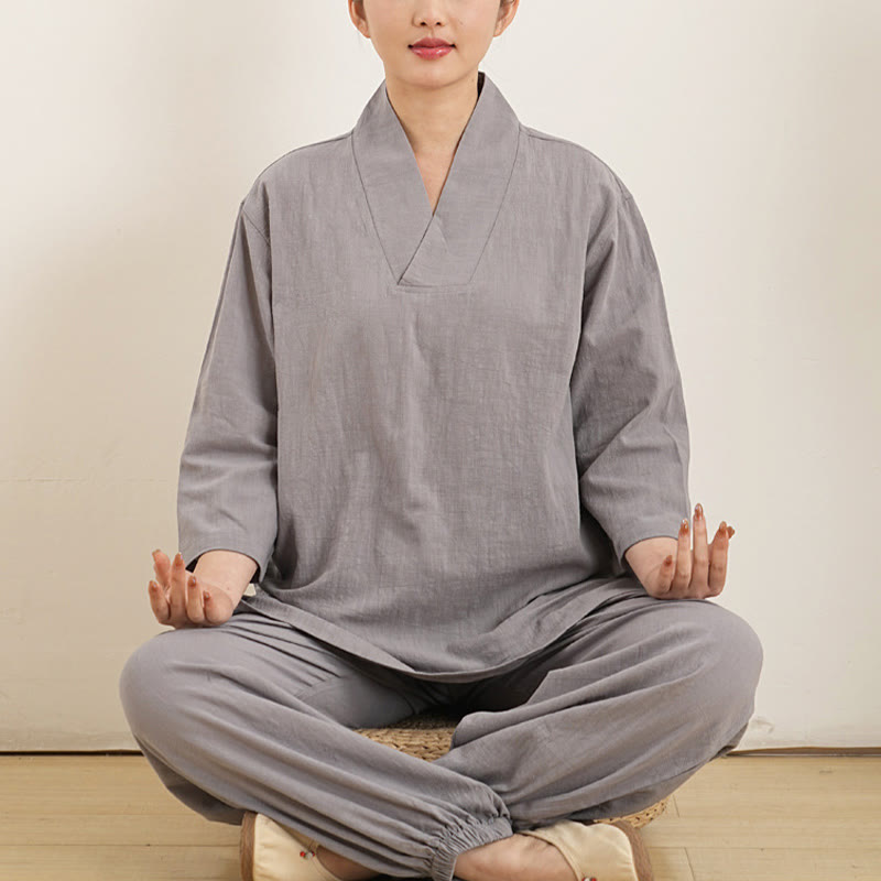 Buddha Stones 2Pcs V-Neck Three Quarter Sleeve Shirt Top Pants Meditation Zen Tai Chi Cotton Clothing Women's Set - Gray(Top&Pants) - US8-10, UK/AU12-14, EU40-42 - image 0