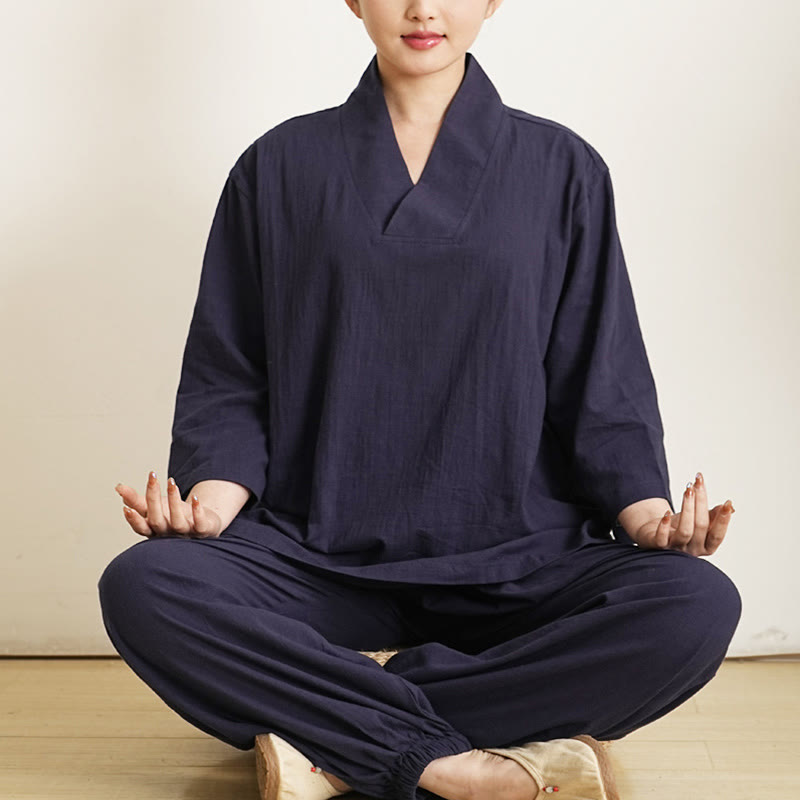 Buddha Stones 2Pcs V-Neck Three Quarter Sleeve Shirt Top Pants Meditation Zen Tai Chi Cotton Clothing Women's Set - Navy Blue(Top&Pants) - US8-10, UK/AU12-14, EU40-42 - image 7