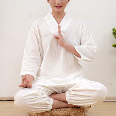 Buddha Stones 2Pcs V-Neck Three Quarter Sleeve Shirt Top Pants Meditation Zen Tai Chi Cotton Clothing Women's Set - White(Top&Pants) - US8-10, UK/AU12-14, EU40-42 - image 20