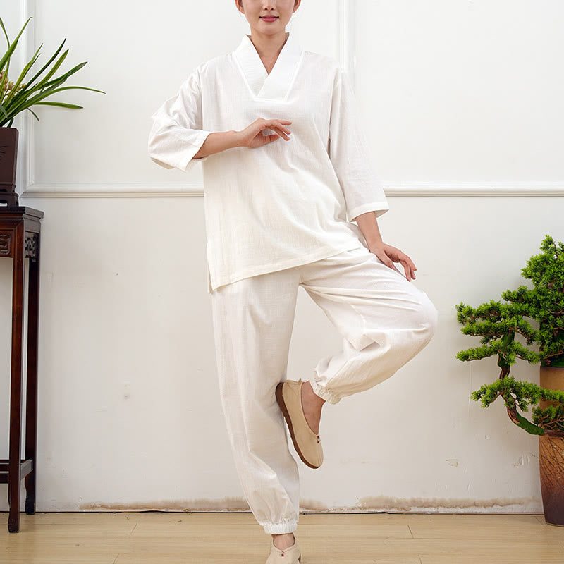 Buddha Stones 2Pcs V-Neck Three Quarter Sleeve Shirt Top Pants Meditation Zen Tai Chi Cotton Clothing Women's Set - image 22