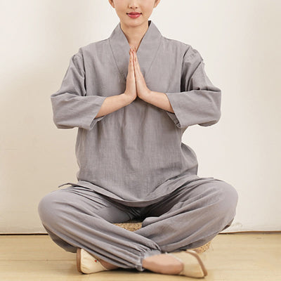 Buddha Stones 2Pcs V-Neck Three Quarter Sleeve Shirt Top Pants Meditation Zen Tai Chi Cotton Clothing Women's Set - image 6