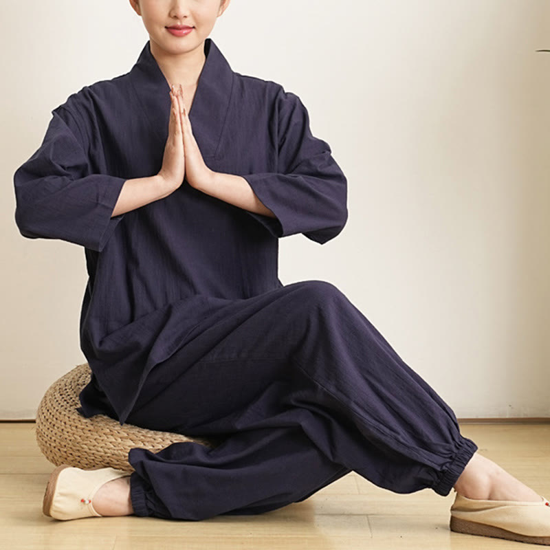 Buddha Stones 2Pcs V-Neck Three Quarter Sleeve Shirt Top Pants Meditation Zen Tai Chi Cotton Clothing Women's Set - image 12