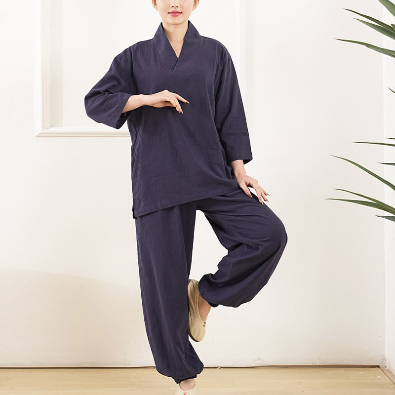 Buddha Stones 2Pcs V-Neck Three Quarter Sleeve Shirt Top Pants Meditation Zen Tai Chi Cotton Clothing Women's Set - image 11
