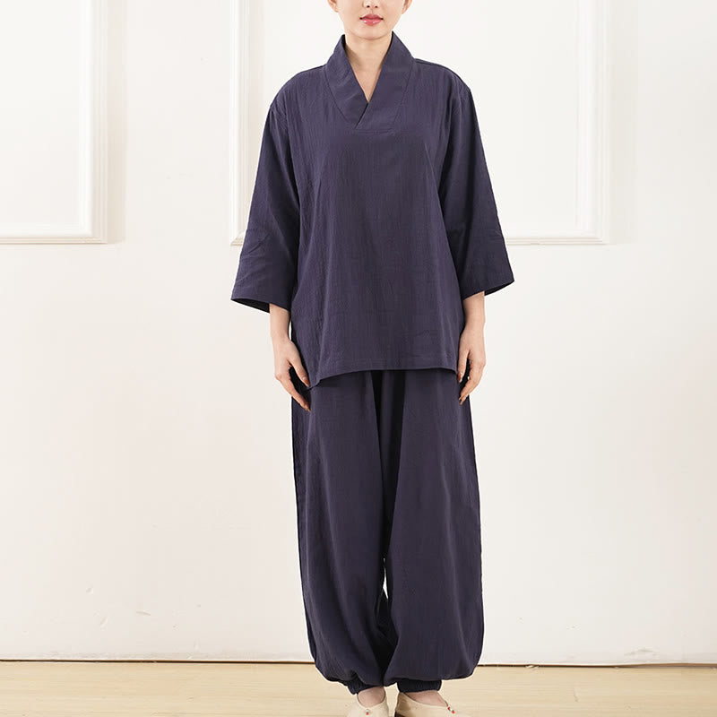 Buddha Stones 2Pcs V-Neck Three Quarter Sleeve Shirt Top Pants Meditation Zen Tai Chi Cotton Clothing Women's Set - image 9