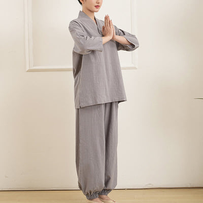 Buddha Stones 2Pcs V-Neck Three Quarter Sleeve Shirt Top Pants Meditation Zen Tai Chi Cotton Clothing Women's Set - image 5