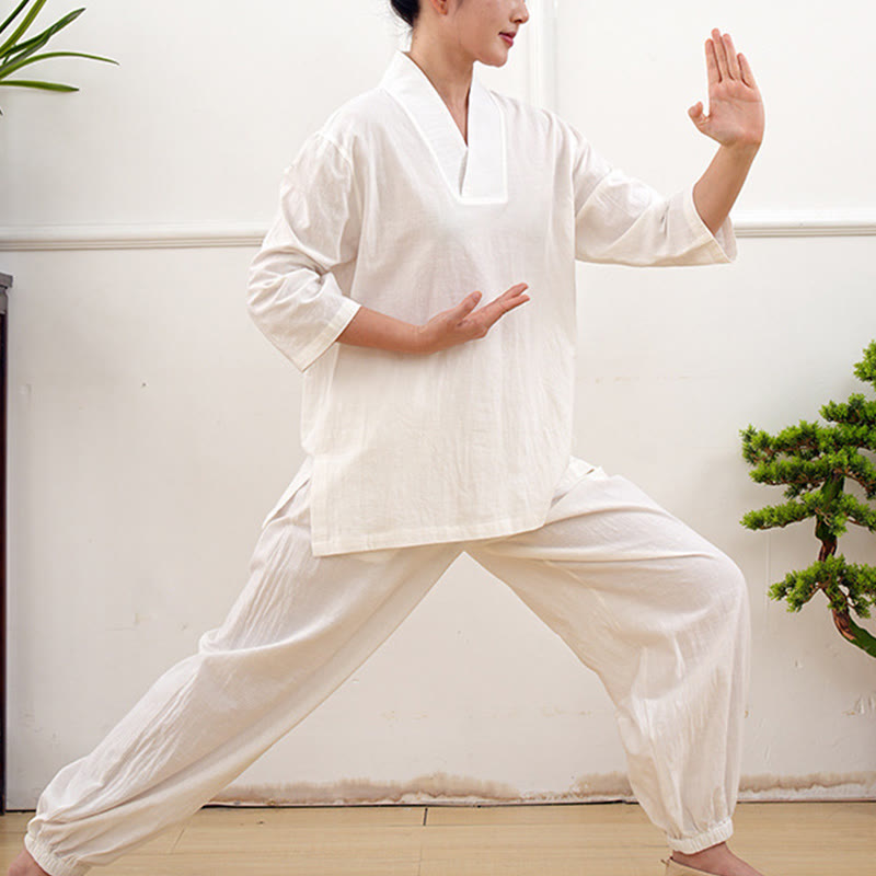 Buddha Stones 2Pcs V-Neck Three Quarter Sleeve Shirt Top Pants Meditation Zen Tai Chi Cotton Clothing Women's Set - image 21
