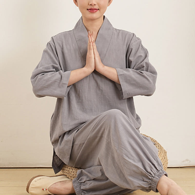 Buddha Stones 2Pcs V-Neck Three Quarter Sleeve Shirt Top Pants Meditation Zen Tai Chi Cotton Clothing Women's Set - image 1