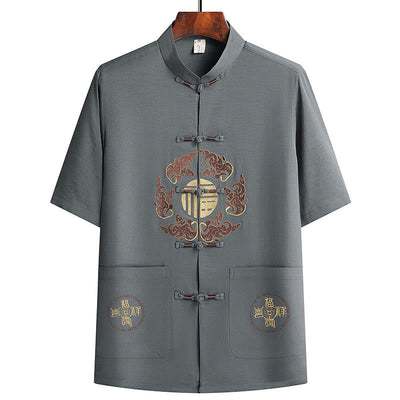 Buddha Stones Fu Character Tang Suit Hanfu Traditional Uniform Short Sleeve Top Pants Clothing Men's Set - image 2