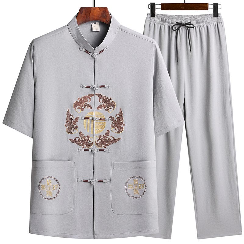 Buddha Stones Fu Character Tang Suit Hanfu Traditional Uniform Short Sleeve Top Pants Clothing Men's Set - image 4