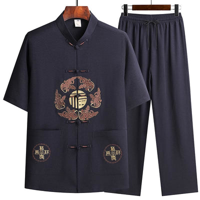 Buddha Stones Fu Character Tang Suit Hanfu Traditional Uniform Short Sleeve Top Pants Clothing Men's Set - Navy Blue(Top&Pants) - US/UK/AU42，EU52 (3XL)  - image 18
