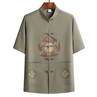 Buddha Stones Fu Character Tang Suit Hanfu Traditional Uniform Short Sleeve Top Pants Clothing Men's Set - image 25