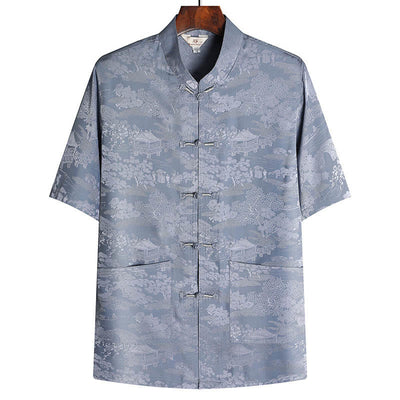Buddha Stones Pine Tree Pavilion Garden Tang Suit Hanfu Traditional Uniform Short Sleeve Top Pants Clothing Men's Set - Gray - Top - US/UK/AU44，EU54 (4XL) - image 1
