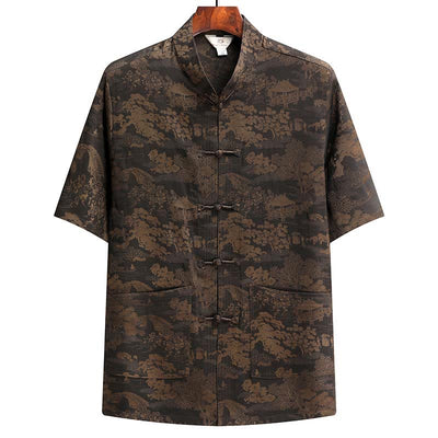 Buddha Stones Pine Tree Pavilion Garden Tang Suit Hanfu Traditional Uniform Short Sleeve Top Pants Clothing Men's Set - Brown - Top - US/UK/AU44，EU54 (4XL) - image 3