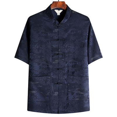 Buddha Stones Pine Tree Pavilion Garden Tang Suit Hanfu Traditional Uniform Short Sleeve Top Pants Clothing Men's Set - Navy Blue - Top - US/UK/AU44，EU54 (4XL) - image 10
