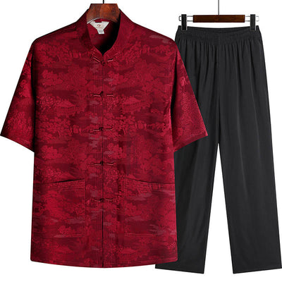 Buddha Stones Pine Tree Pavilion Garden Tang Suit Hanfu Traditional Uniform Short Sleeve Top Pants Clothing Men's Set - Red - Top&Pants - US/UK/AU44，EU54 (4XL) - image 11